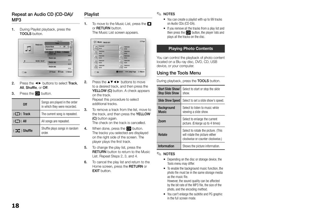 Samsung BD-F5700, BDF5700 user manual Repeat an Audio CD CD-DA/ MP3, Playlist, Using the Tools Menu, Playing Photo Contents 