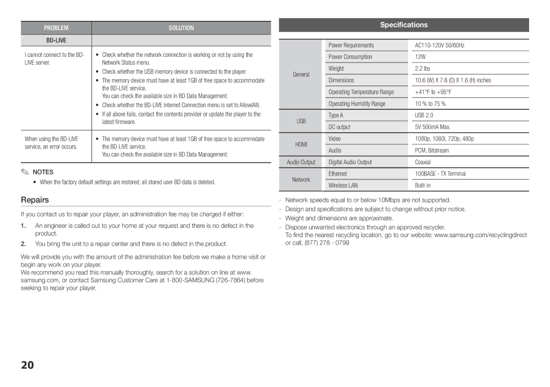 Samsung BD-F5700, BDF5700 user manual Repairs, Specifications, Bd-Live 