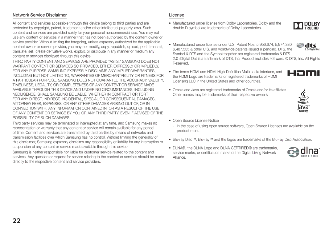 Samsung BD-F5700, BDF5700 user manual Network Service Disclaimer, License 