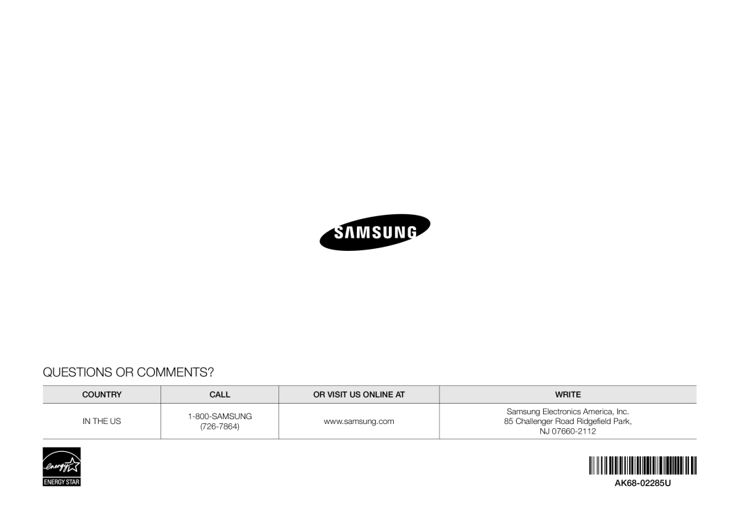 Samsung BD-F5700 Country, AK68-02285U, Samsung Electronics America, Inc, Challenger Road Ridgefield Park, 726-7864 