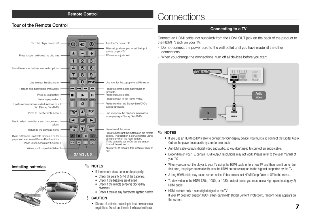 Samsung BDF5700, BD-F5700 user manual Connections, Tour of the Remote Control, Connecting to a TV, Installing batteries 