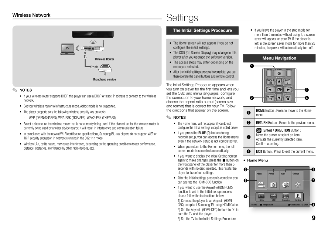 Samsung BDF5700, BD-F5700 user manual Wireless Network, Initial Settings Procedure, Menu Navigation 