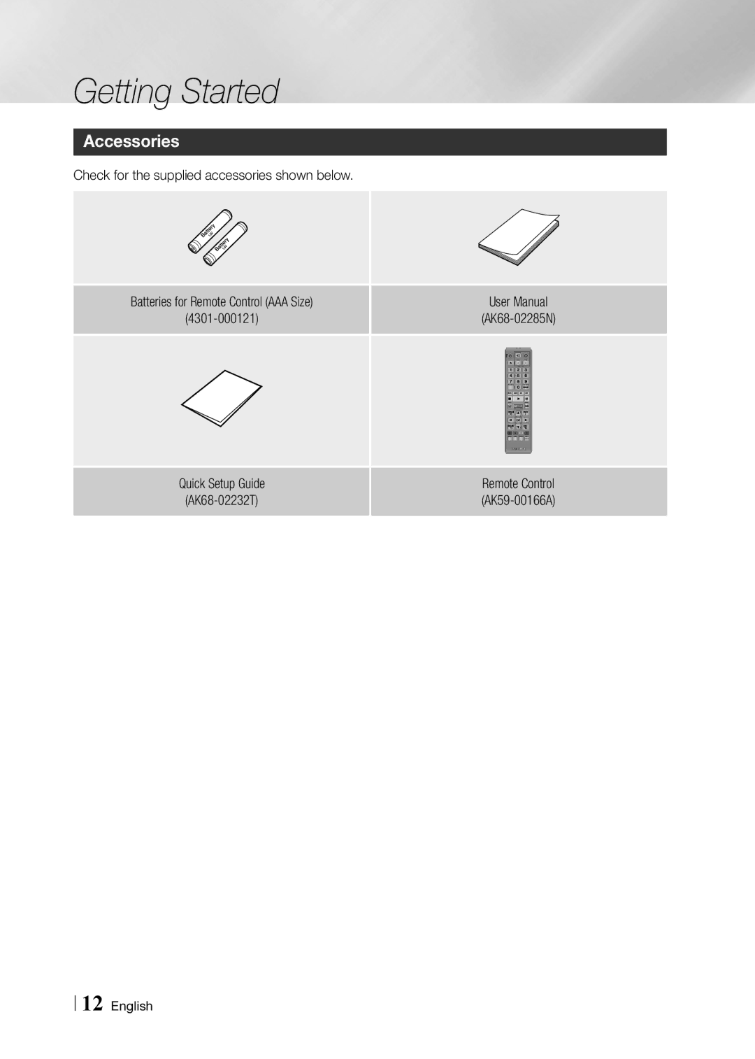 Samsung BD-F5900 user manual Accessories, Check for the supplied accessories shown below, 4301-000121 