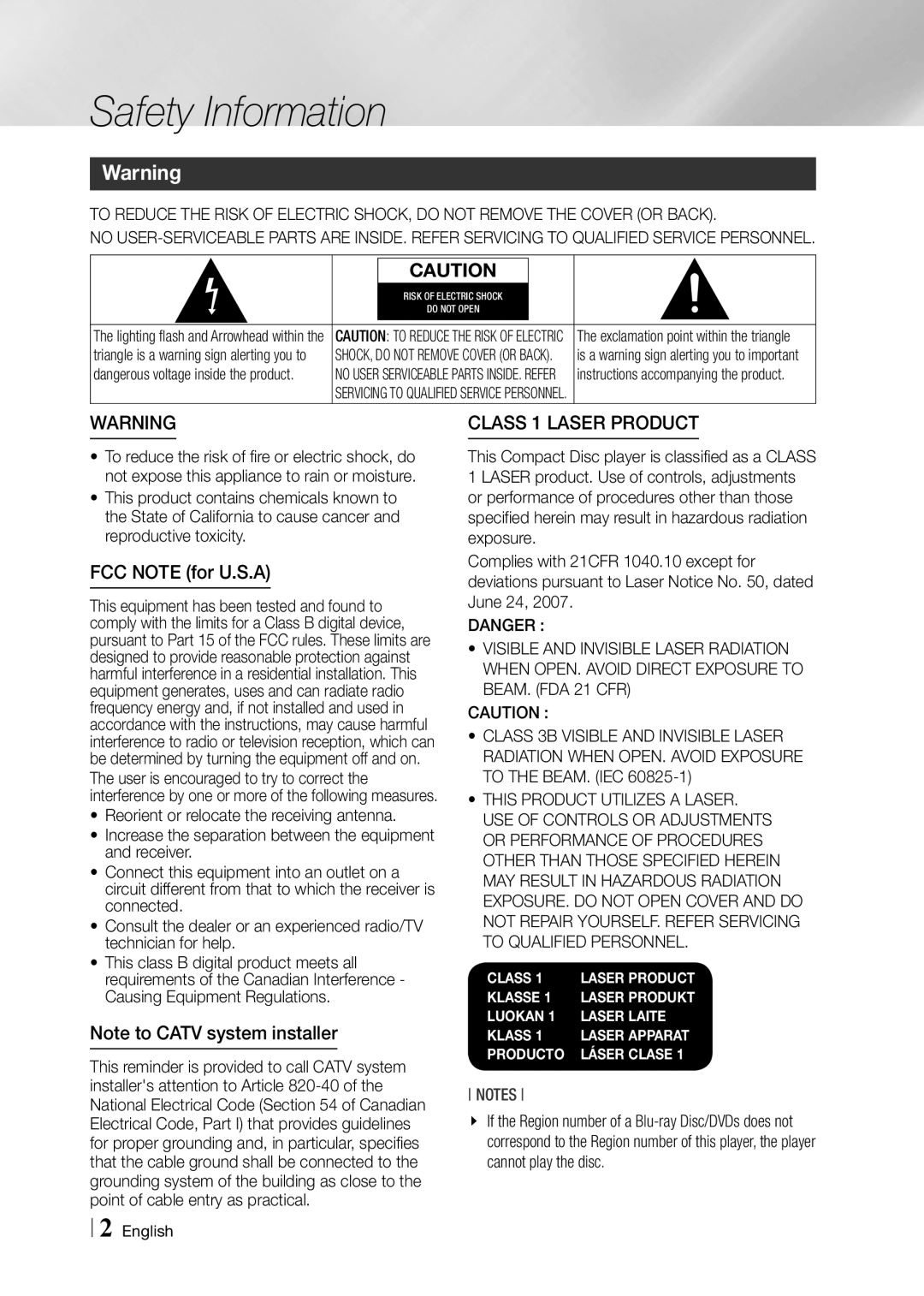 Samsung BD-F5900 user manual Safety Information, Class 1 Laser product, FCC Note for U.S.A 