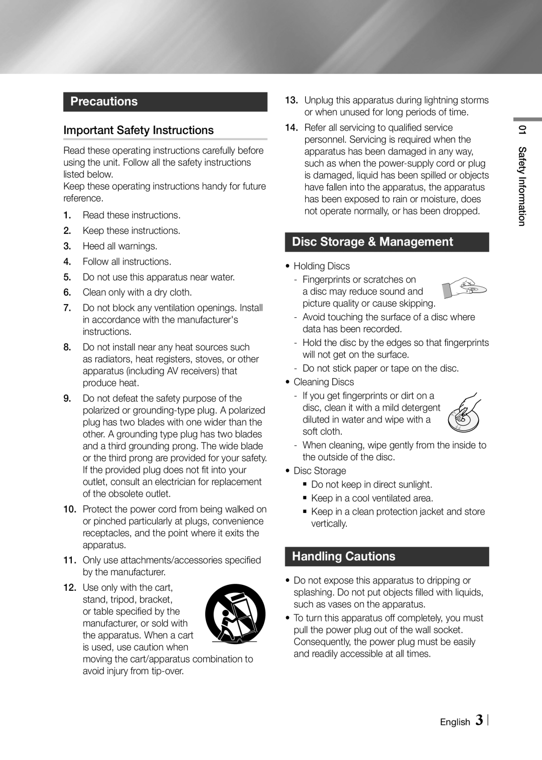 Samsung BD-F5900 user manual Precautions, Important Safety Instructions, Disc Storage & Management, Handling Cautions 