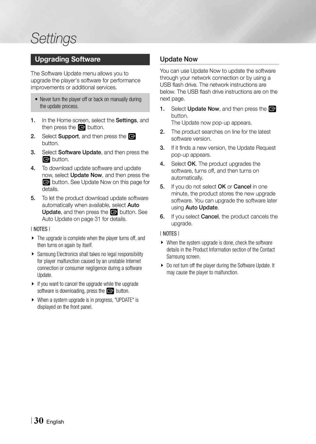 Samsung BD-F5900 user manual Upgrading Software, Button. See Update Now on this page for details 