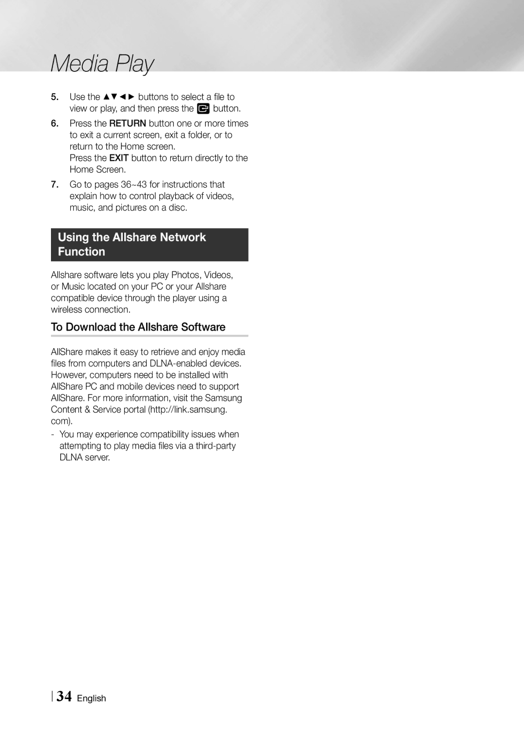 Samsung BD-F5900 user manual Using the Allshare Network Function, To Download the Allshare Software 