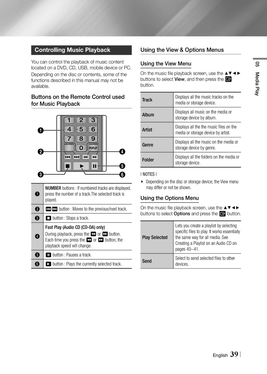 Samsung BD-F5900 user manual Controlling Music Playback, Buttons on the Remote Control used for Music Playback 