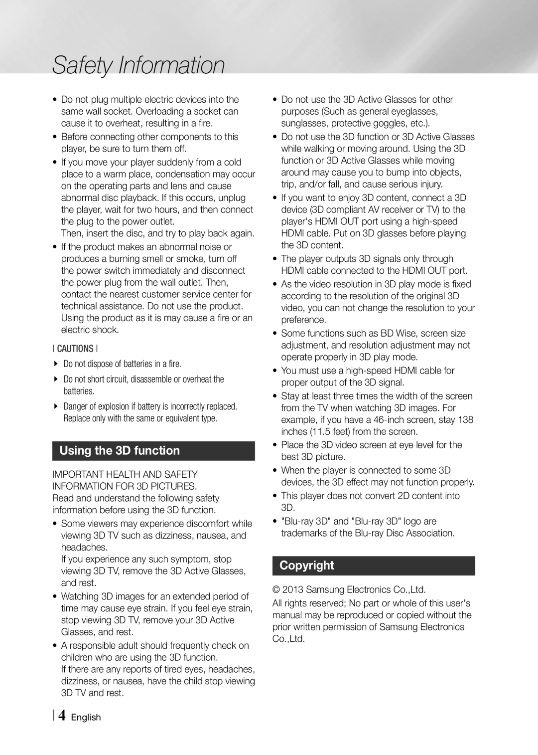 Samsung BD-F5900 user manual Using the 3D function, Copyright, This player does not convert 2D content into 3D 