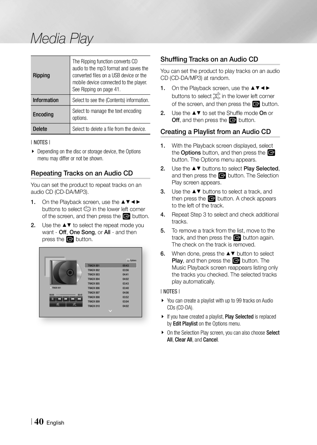 Samsung BD-F5900 Repeating Tracks on an Audio CD, Shuffling Tracks on an Audio CD, Creating a Playlist from an Audio CD 