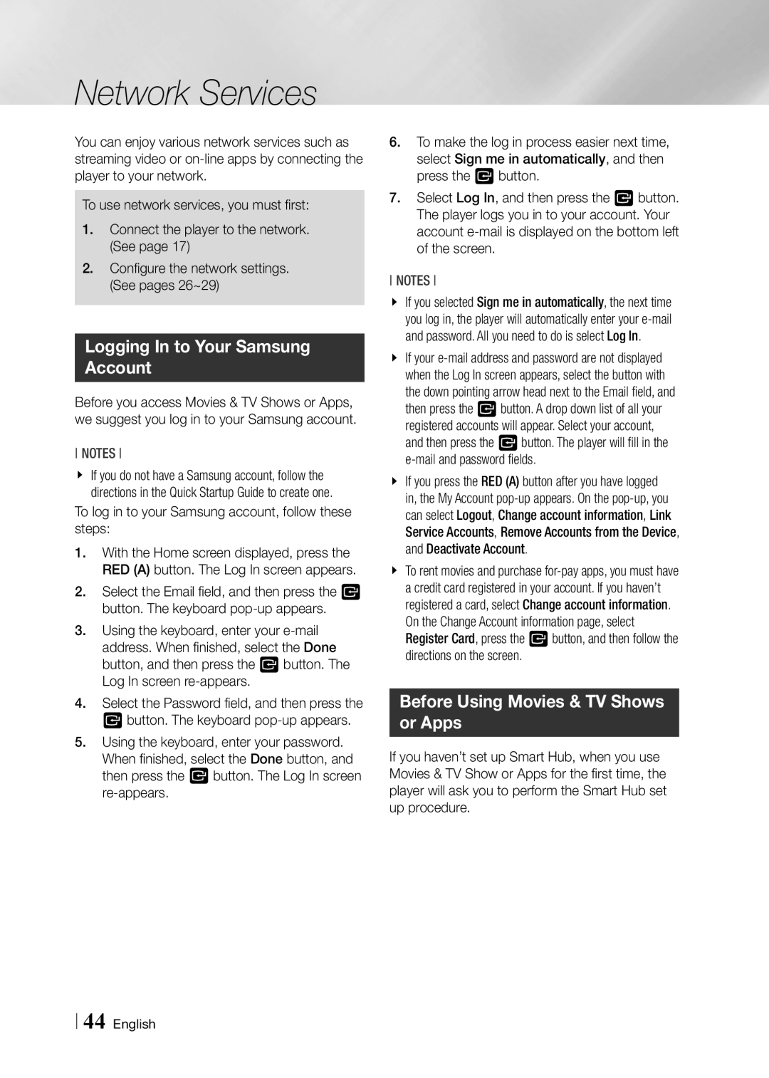 Samsung BD-F5900 user manual Network Services, Logging In to Your Samsung Account, Before Using Movies & TV Shows or Apps 