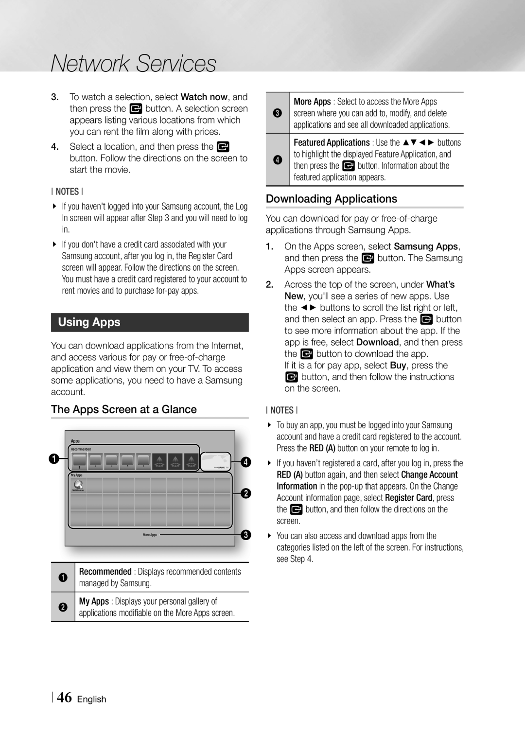 Samsung BD-F5900 user manual Using Apps, Apps Screen at a Glance, Downloading Applications, Managed by Samsung 