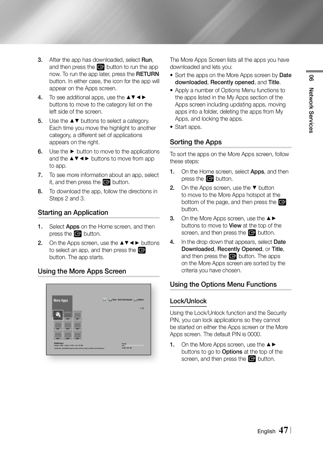 Samsung BD-F5900 Starting an Application, Using the More Apps Screen, Sorting the Apps, Using the Options Menu Functions 