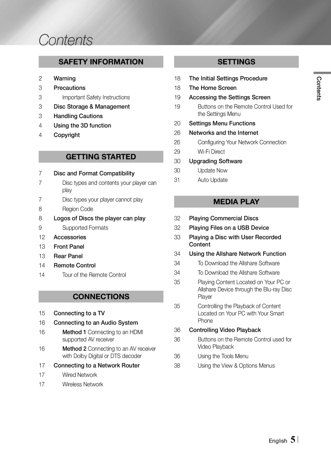 Samsung BD-F5900 user manual Contents 