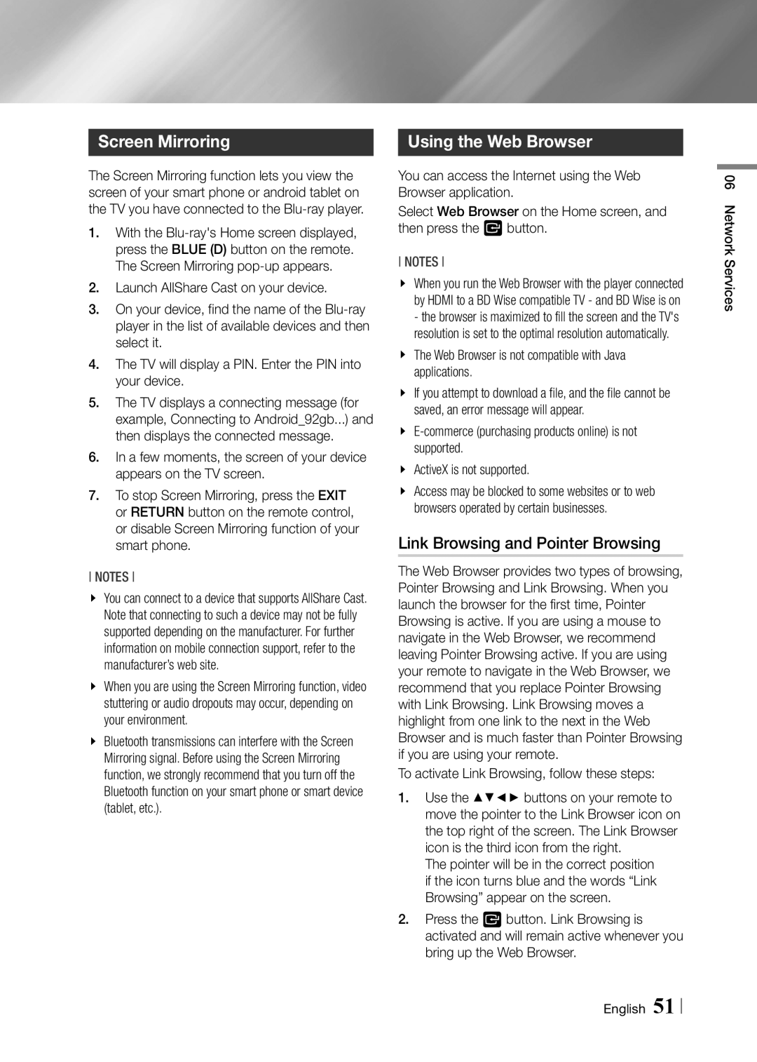 Samsung BD-F5900 user manual Screen Mirroring, Using the Web Browser, Link Browsing and Pointer Browsing 