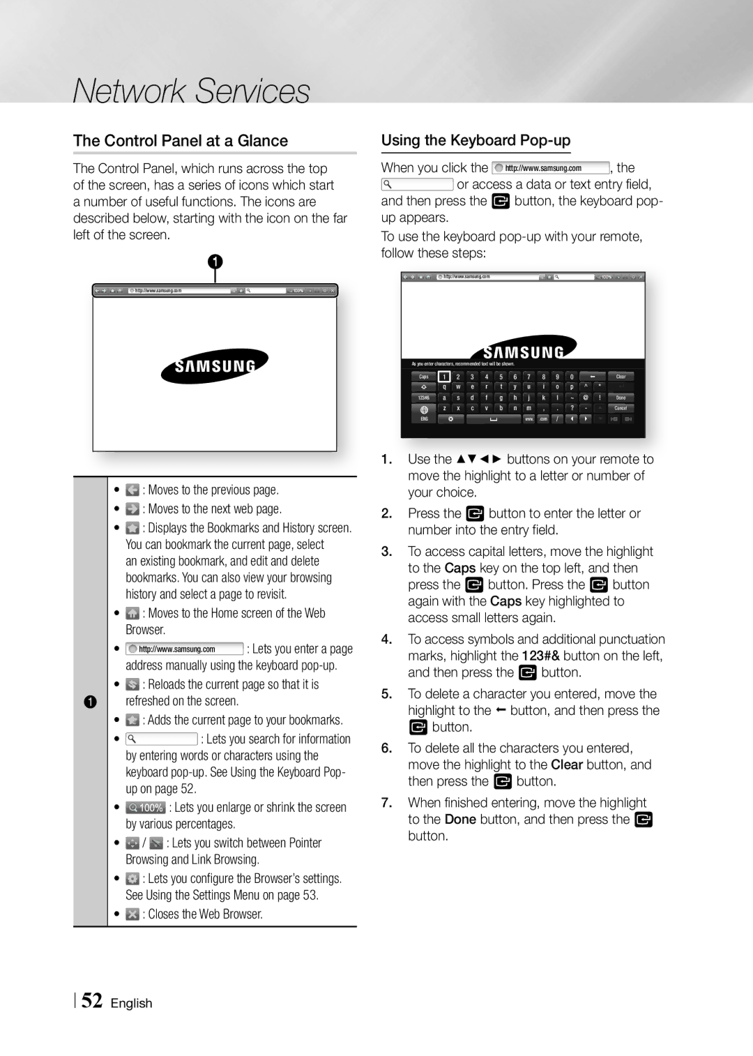 Samsung BD-F5900 user manual Control Panel at a Glance, Using the Keyboard Pop-up 