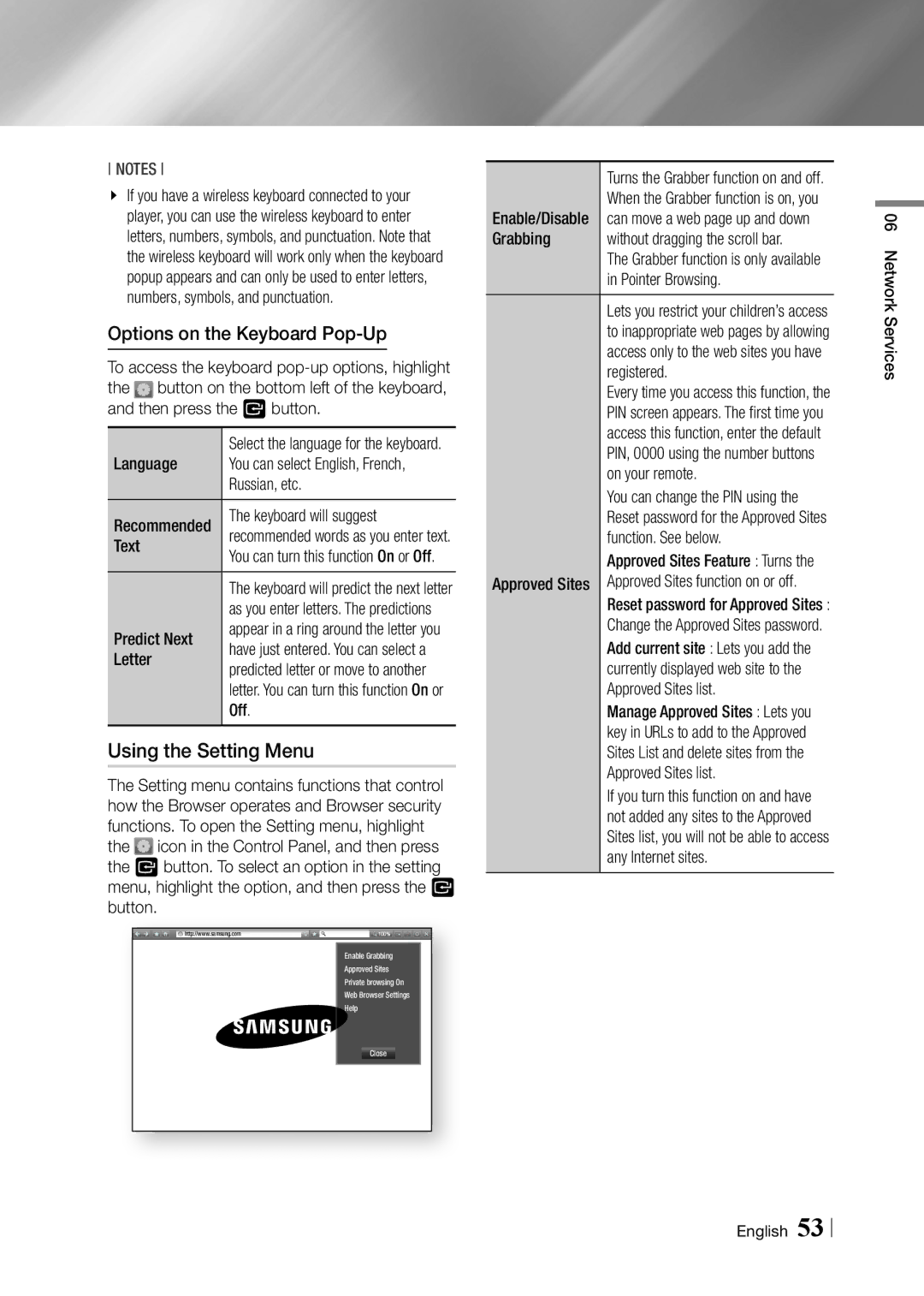 Samsung BD-F5900 user manual Using the Setting Menu, Options on the Keyboard Pop-Up 