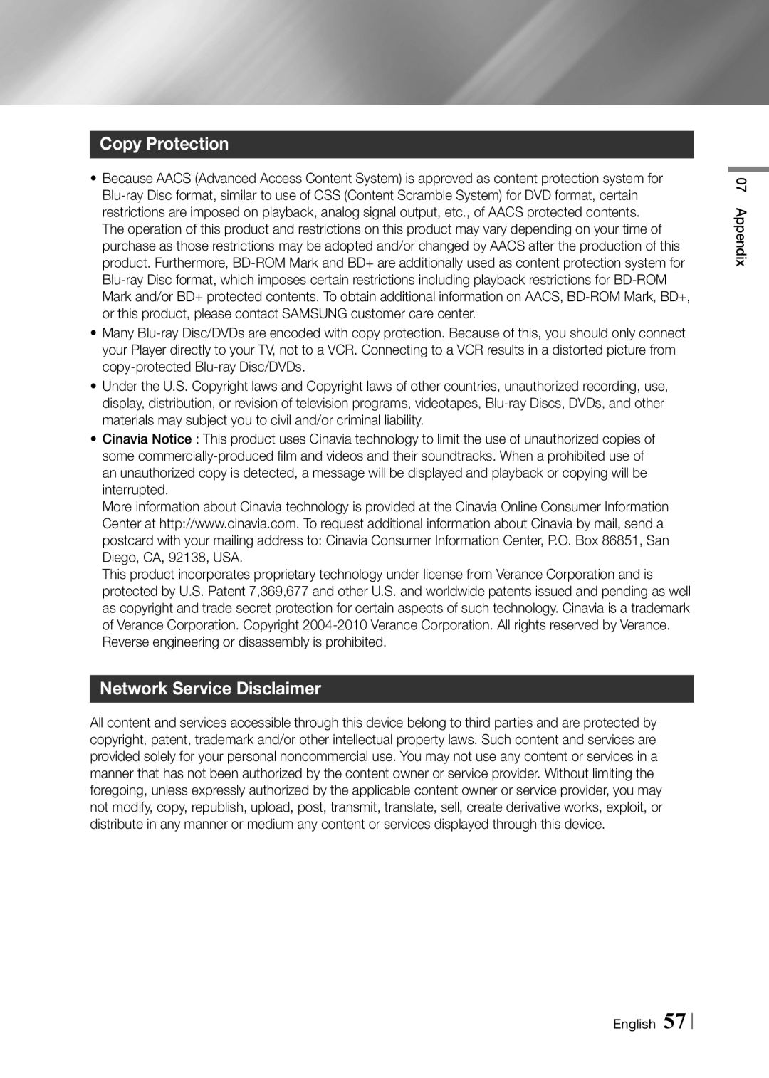 Samsung BD-F5900 user manual Copy Protection, Network Service Disclaimer, Appendix English 