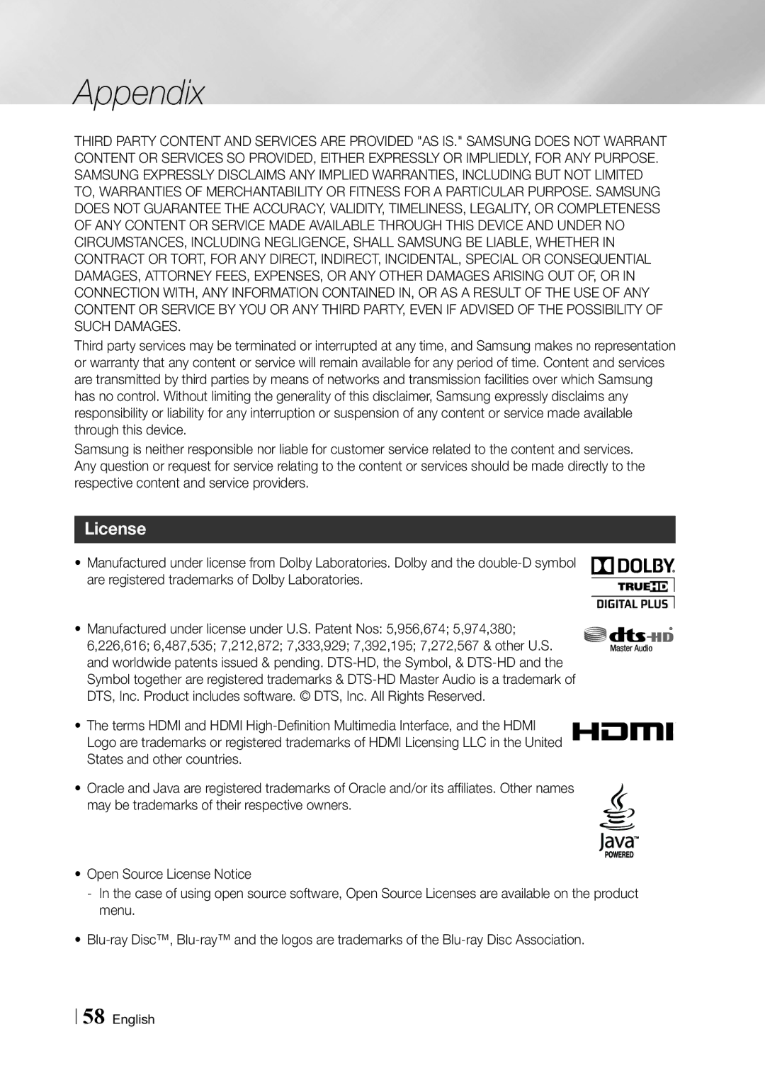 Samsung BD-F5900 user manual License 