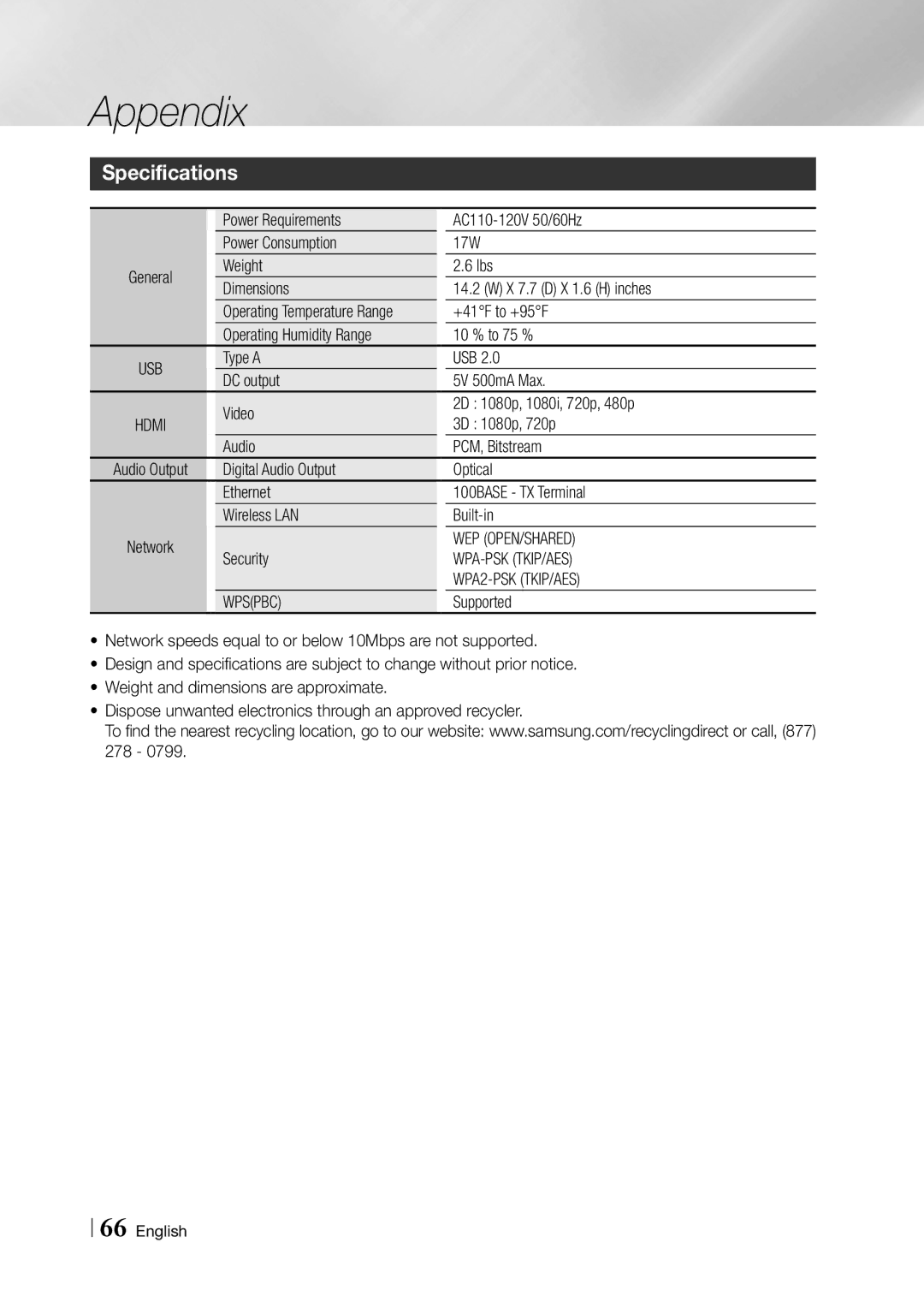 Samsung BD-F5900 user manual Specifications, Wep Open/Shared, Wpa-Psk Tkip/Aes, WPA2-PSK TKIP/AES, Wpspbc 