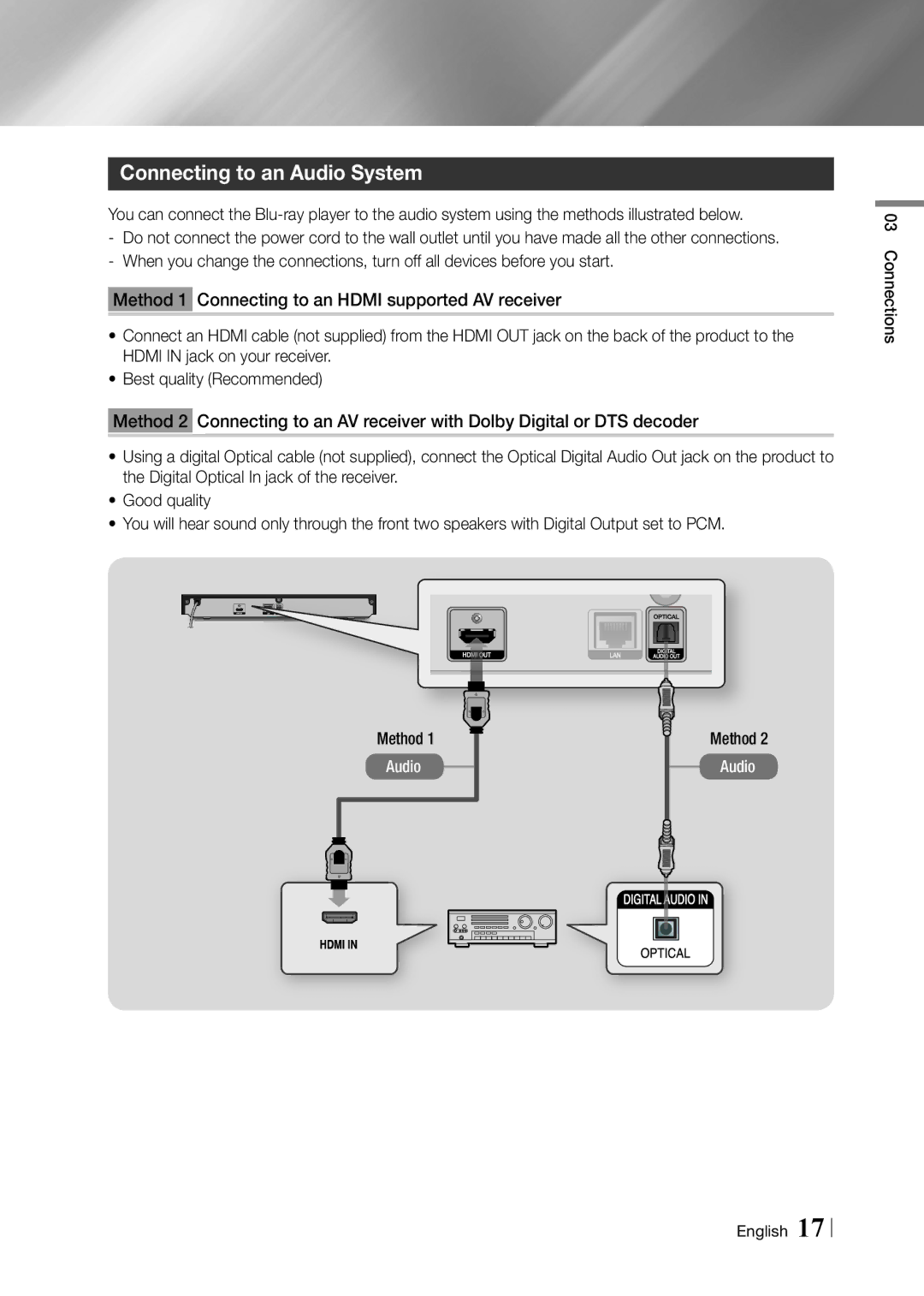 Samsung BD-F6500/XE, BD-F6500/EN manual Connecting to an Audio System, Method 