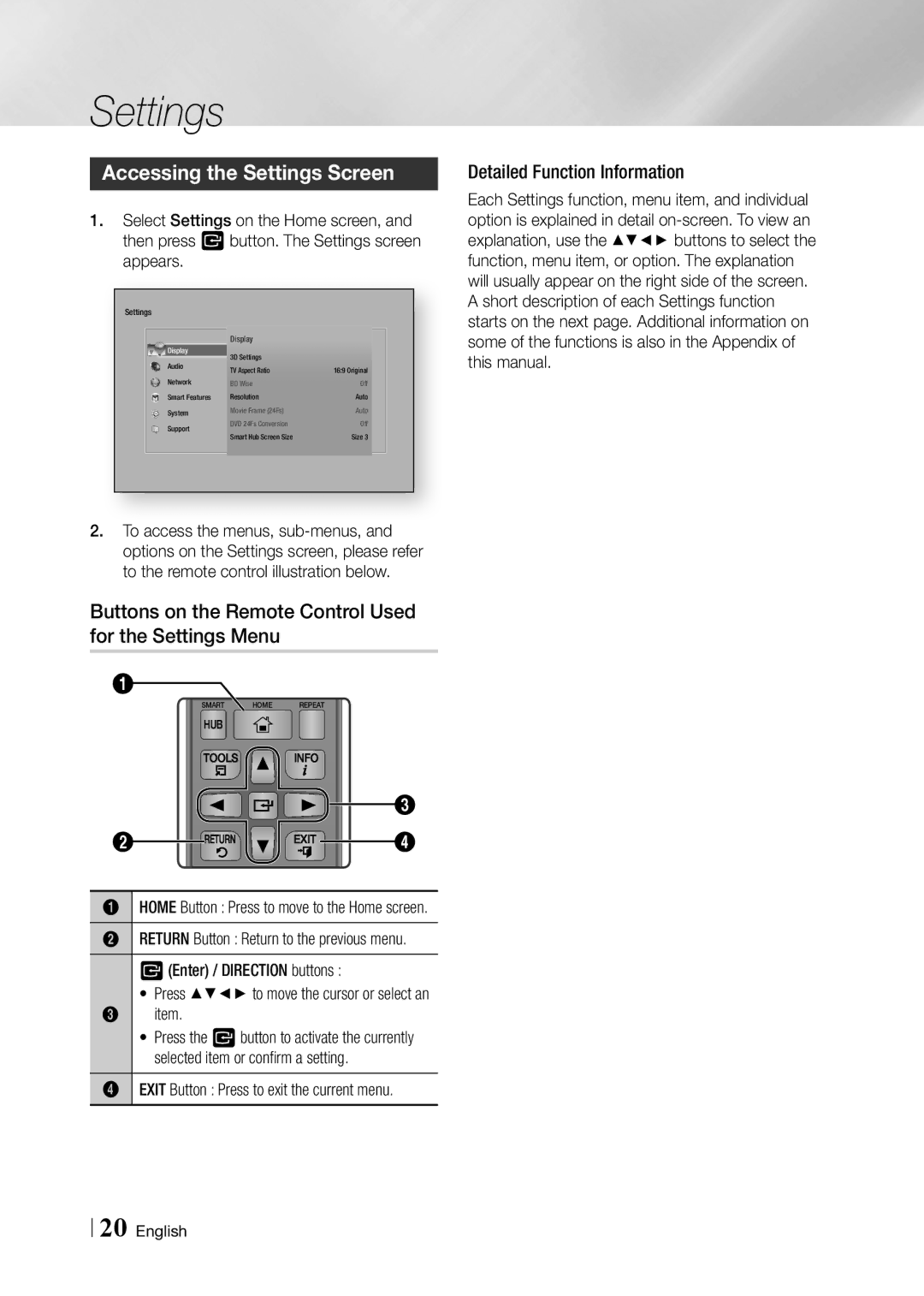 Samsung BD-F6500/EN, BD-F6500/XE Accessing the Settings Screen, Buttons on the Remote Control Used for the Settings Menu 