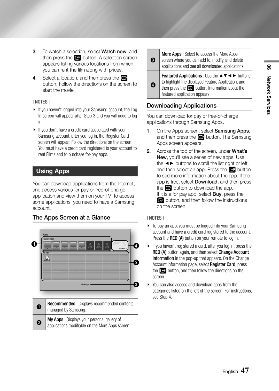 Samsung BD-F6500/XE, BD-F6500/EN manual Using Apps, Apps Screen at a Glance, Downloading Applications, Managed by Samsung 