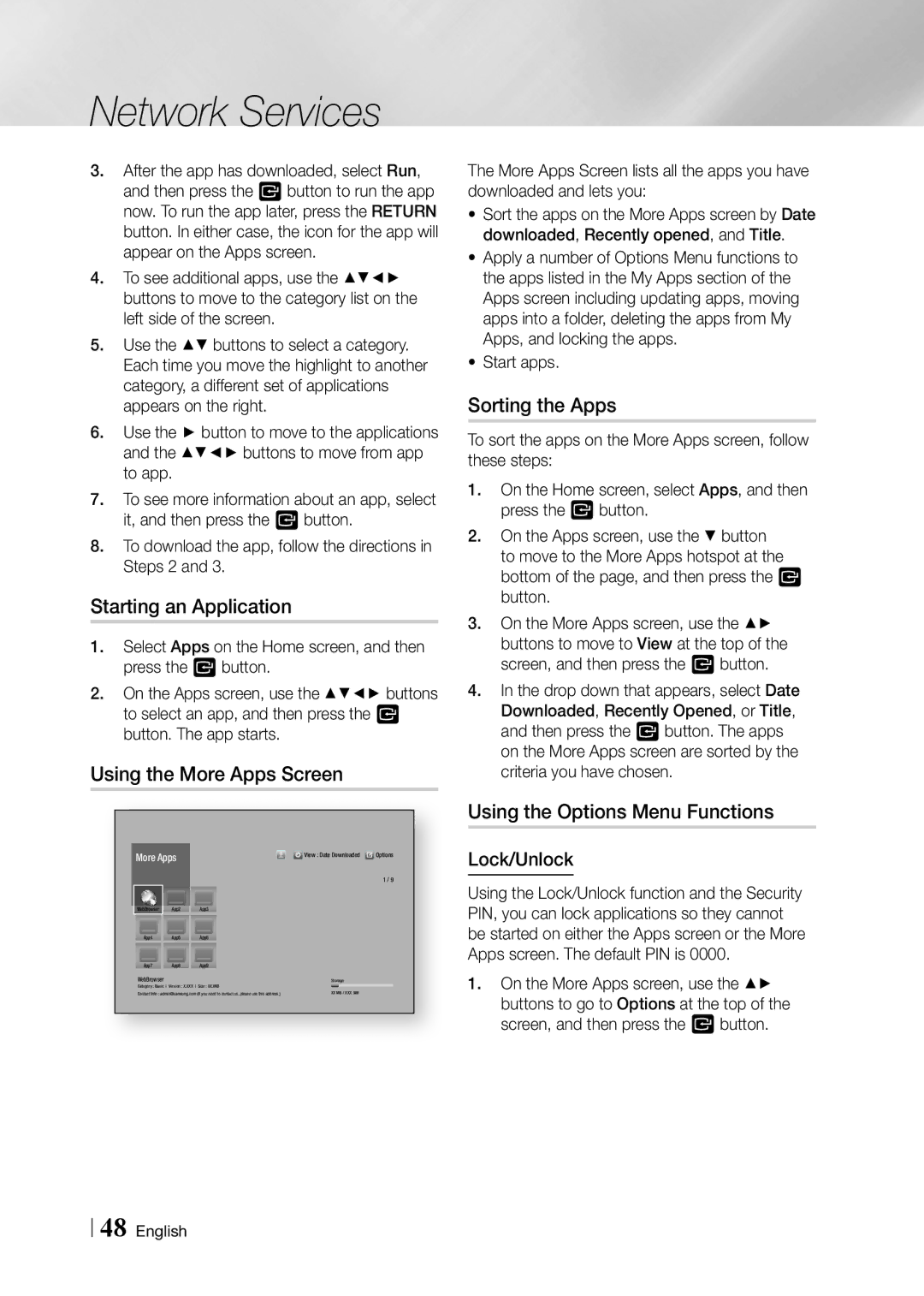 Samsung BD-F6500/EN, BD-F6500/XE manual Starting an Application, Using the More Apps Screen, Sorting the Apps, Lock/Unlock 