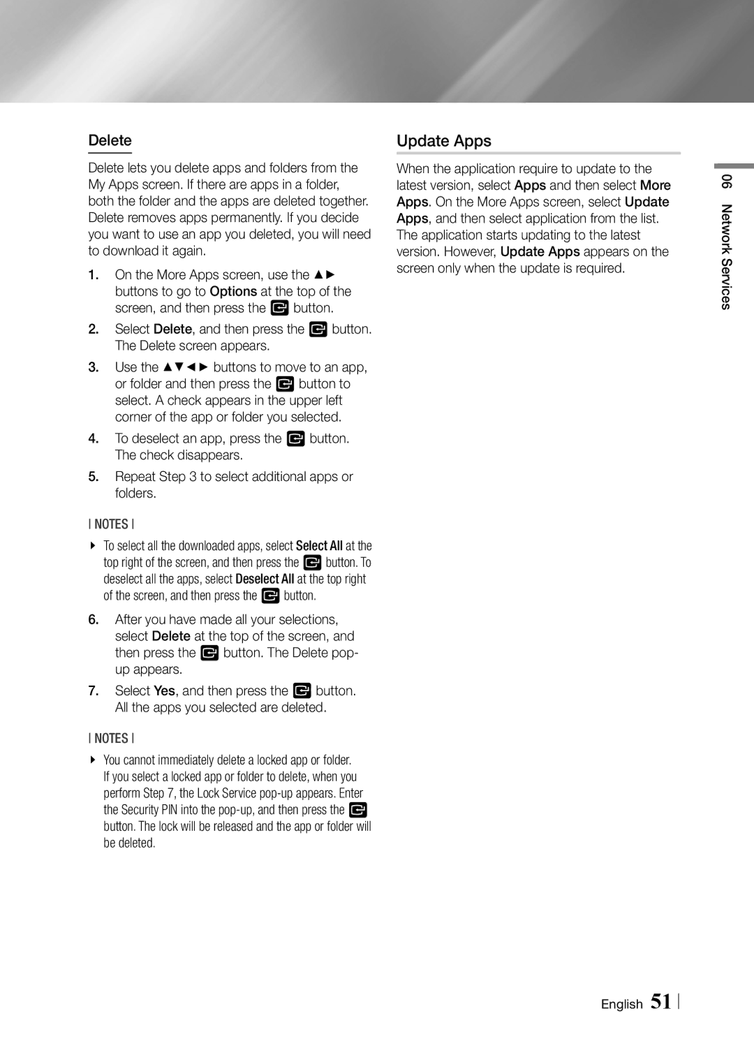 Samsung BD-F6500/XE, BD-F6500/EN manual Update Apps, Delete 