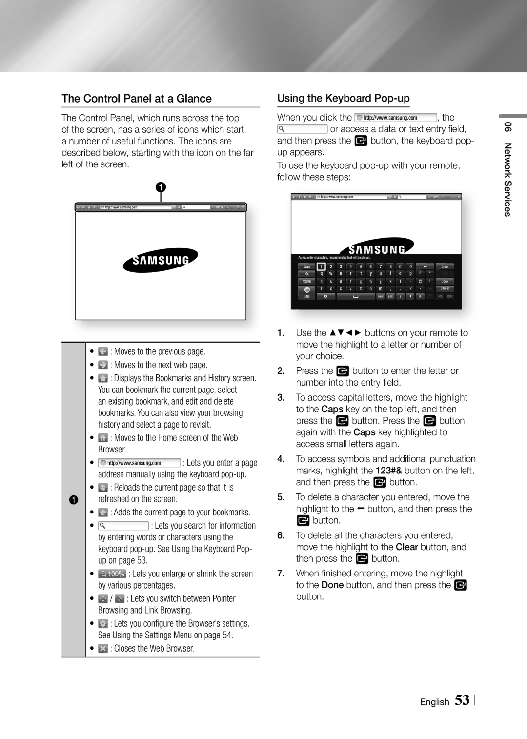 Samsung BD-F6500/XE, BD-F6500/EN manual Control Panel at a Glance, Using the Keyboard Pop-up 