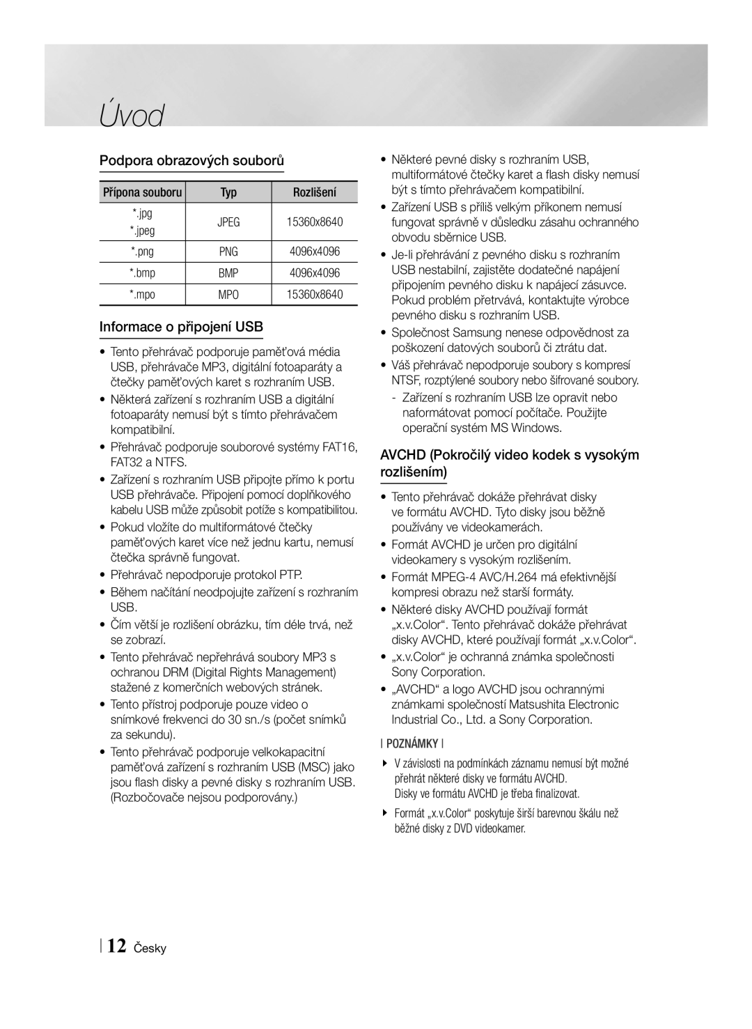 Samsung BD-F6500/EN manual Podpora obrazových souborů, Informace o připojení USB 