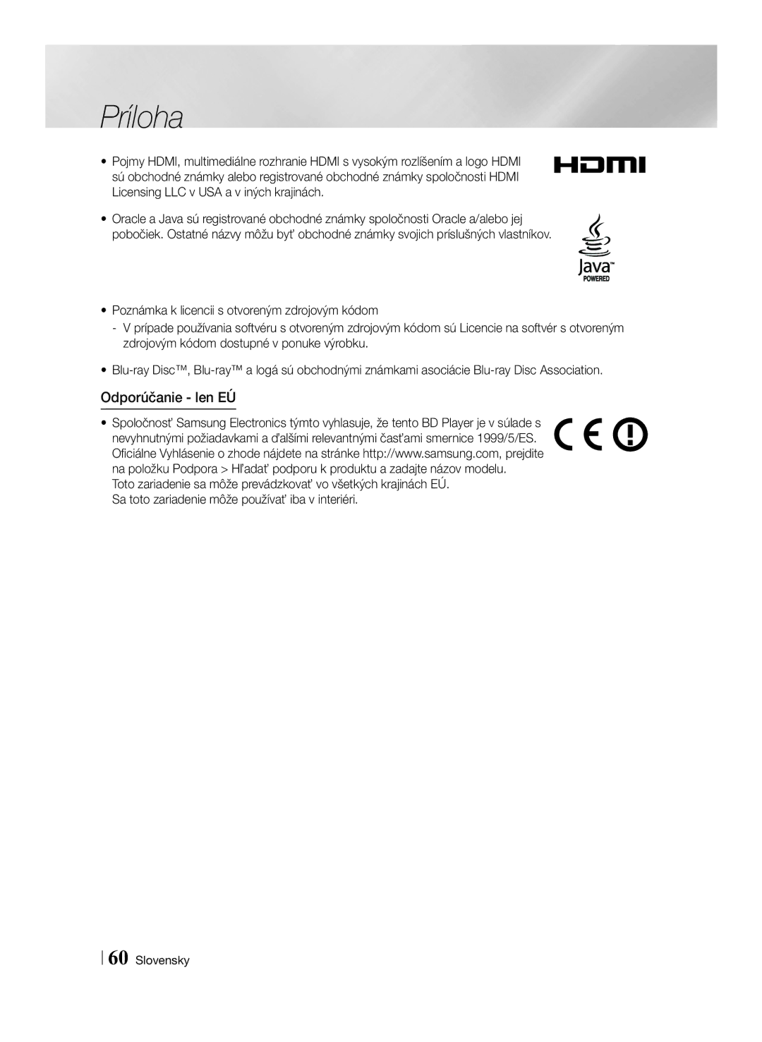 Samsung BD-F6500/EN manual Odporúčanie len EÚ 