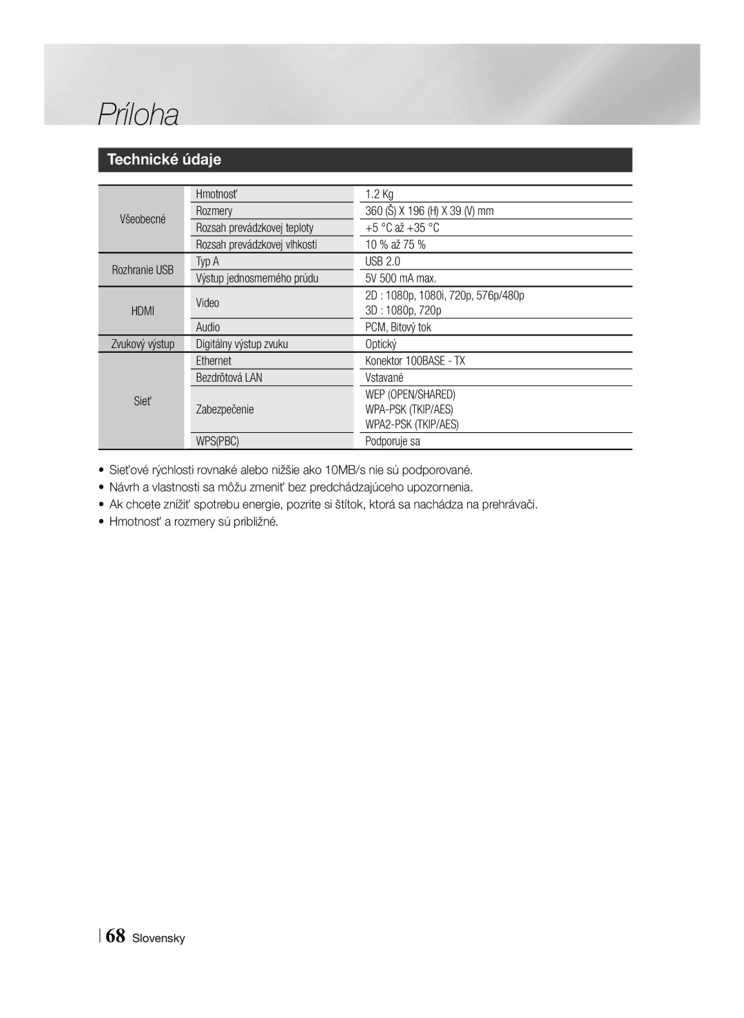 Samsung BD-F6500/EN manual Hmotnosť, Rozmery 360 Š X 196 H X 39 V mm, 5V 500 mA max, Zabezpečenie, Podporuje sa 