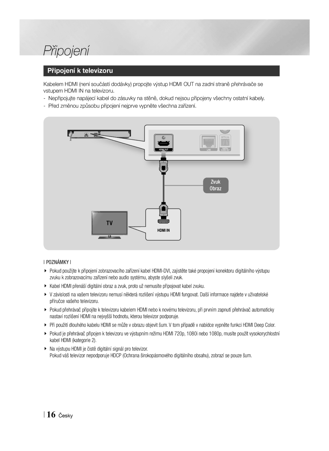 Samsung BD-F6500/EN manual Připojení k televizoru, 16 Česky 
