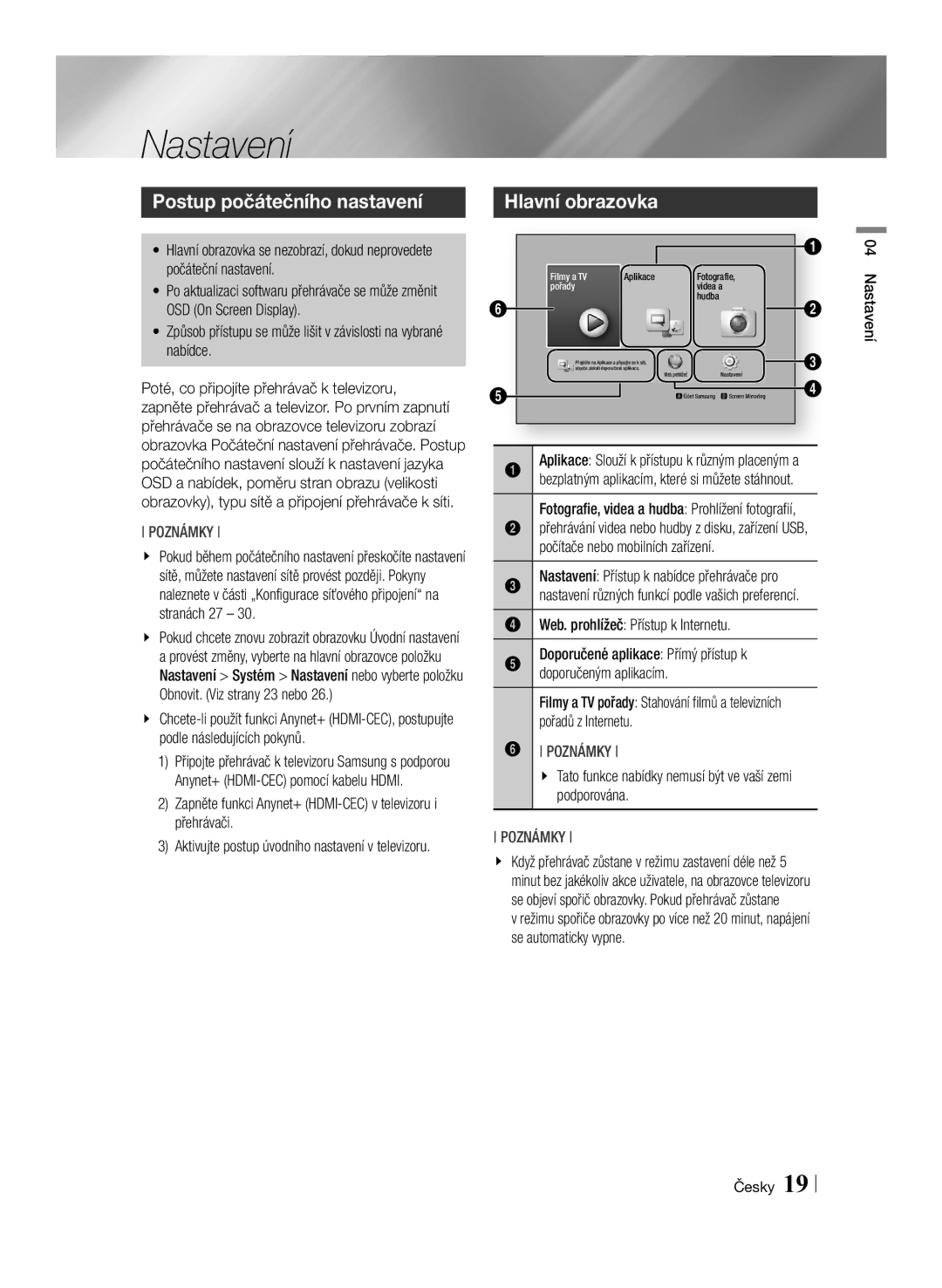 Samsung BD-F6500/EN manual Nastavení, Postup počátečního nastavení 