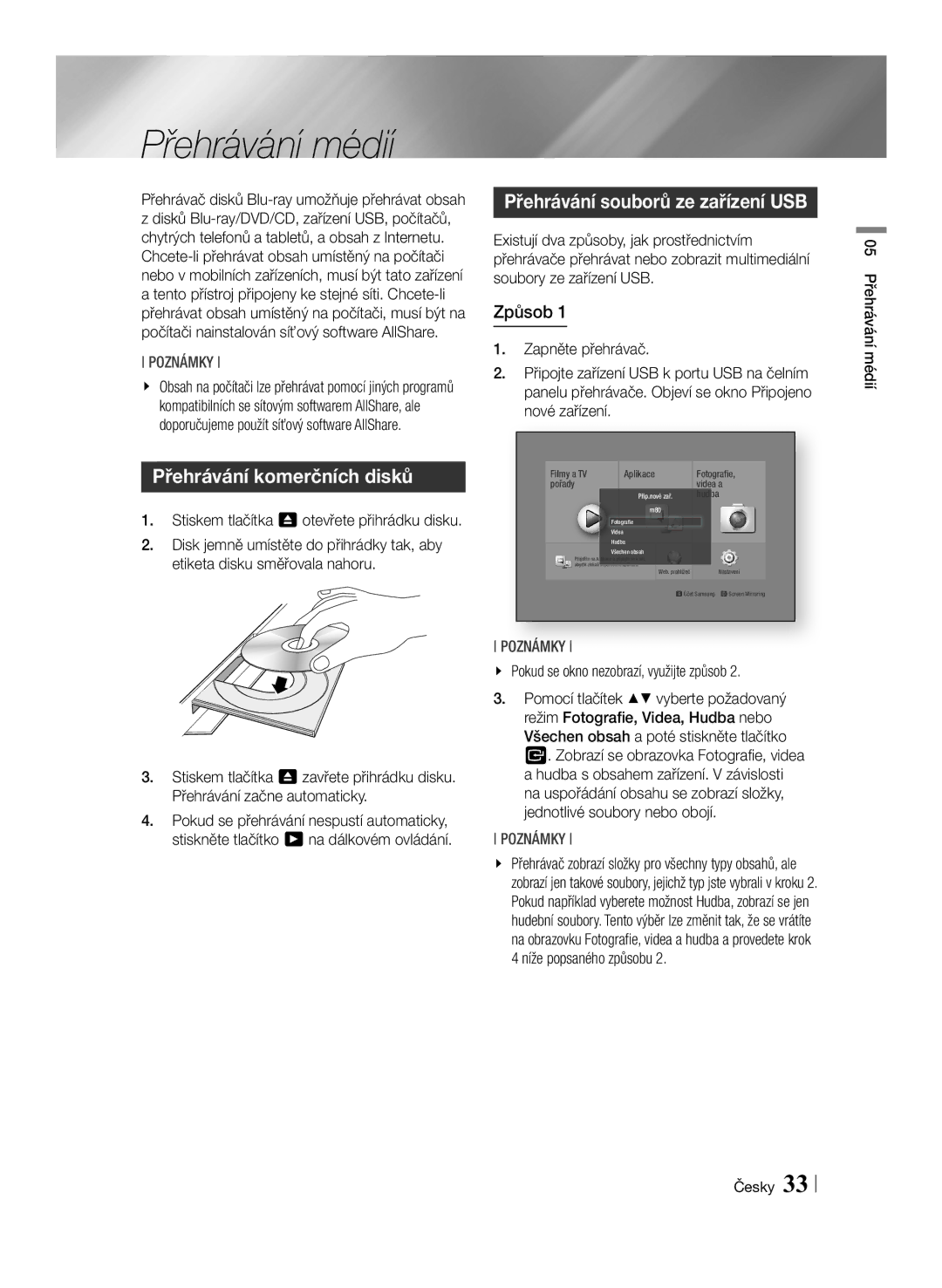 Samsung BD-F6500/EN manual Přehrávání médií, Přehrávání komerčních disků, Přehrávání souborů ze zařízení USB, Způsob 