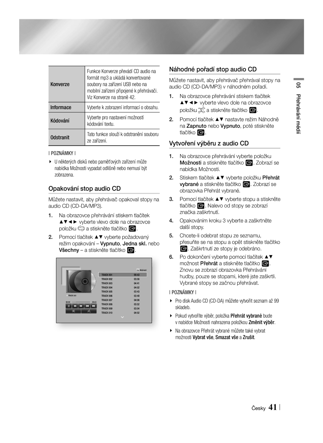 Samsung BD-F6500/EN manual Opakování stop audio CD, Náhodné pořadí stop audio CD, Vytvoření výběru z audio CD 