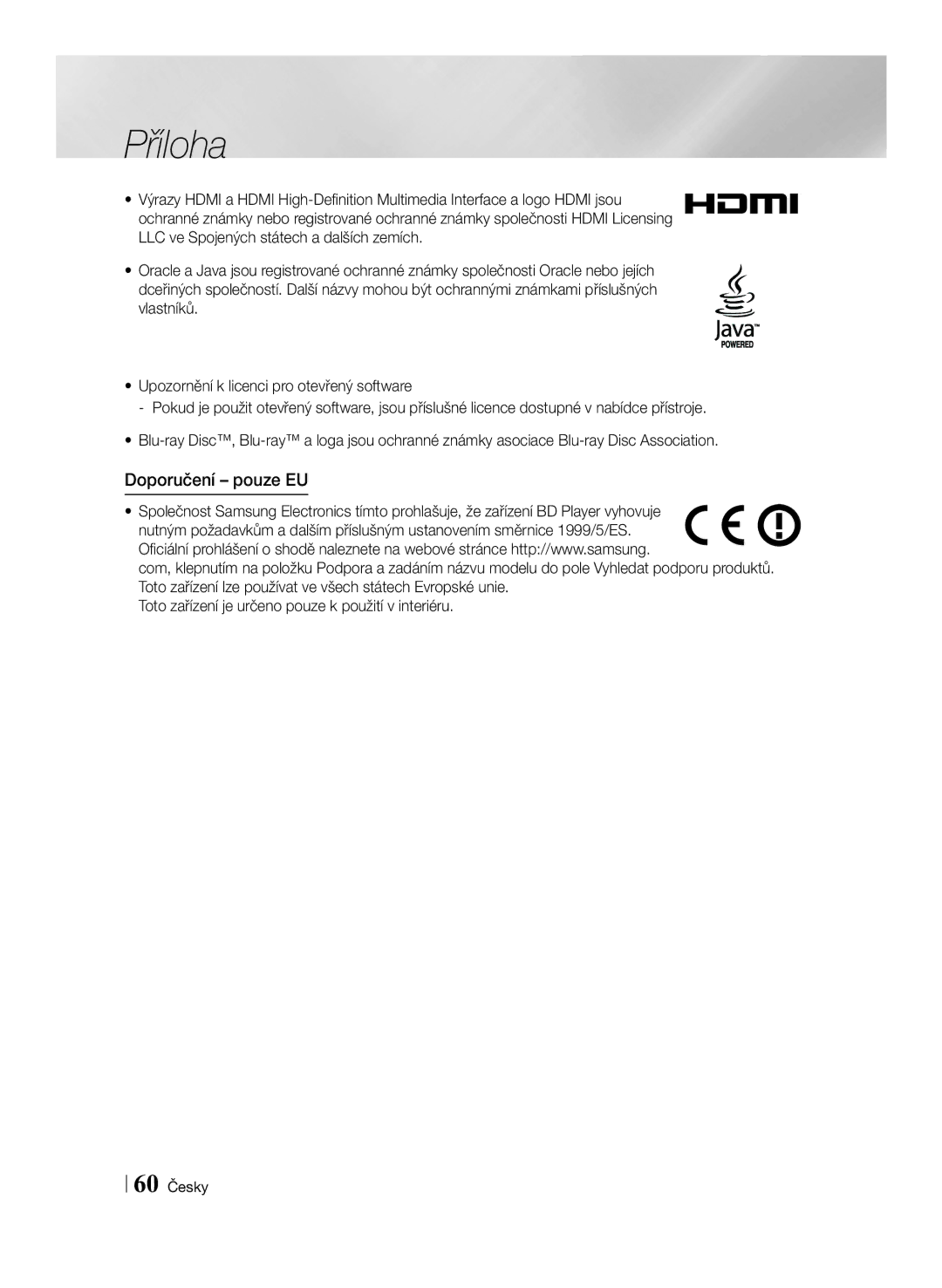 Samsung BD-F6500/EN manual Doporučení pouze EU, 60 Česky 