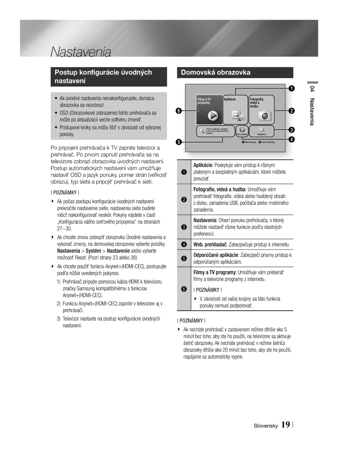 Samsung BD-F6500/EN manual Nastavenia, Postup konfigurácie úvodných nastavení, Domovská obrazovka 