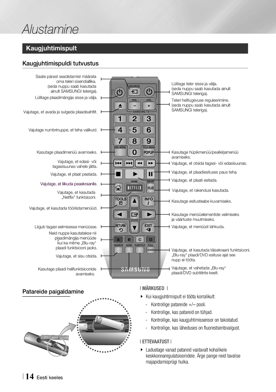 Samsung BD-F6500/EN manual Kaugjuhtimispult, Kaugjuhtimispuldi tutvustus, Patareide paigaldamine 