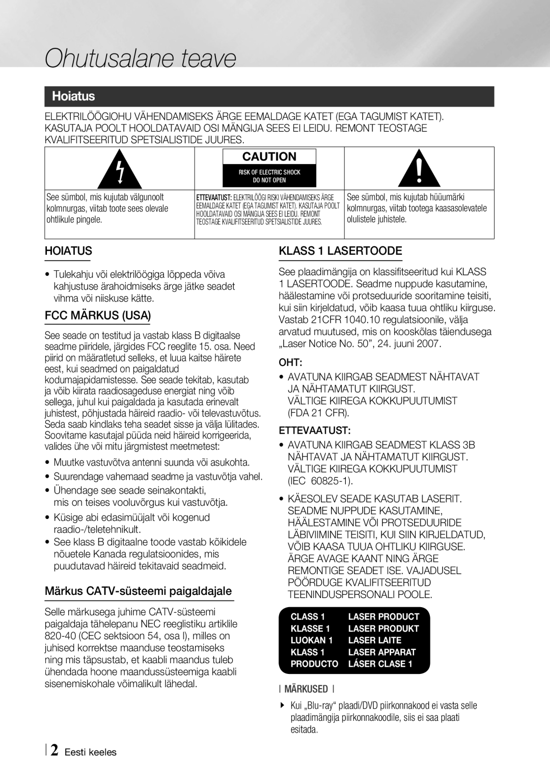 Samsung BD-F6500/EN manual Ohutusalane teave, Hoiatus, Märkus CATV-süsteemi paigaldajale, Oht, Ettevaatust 