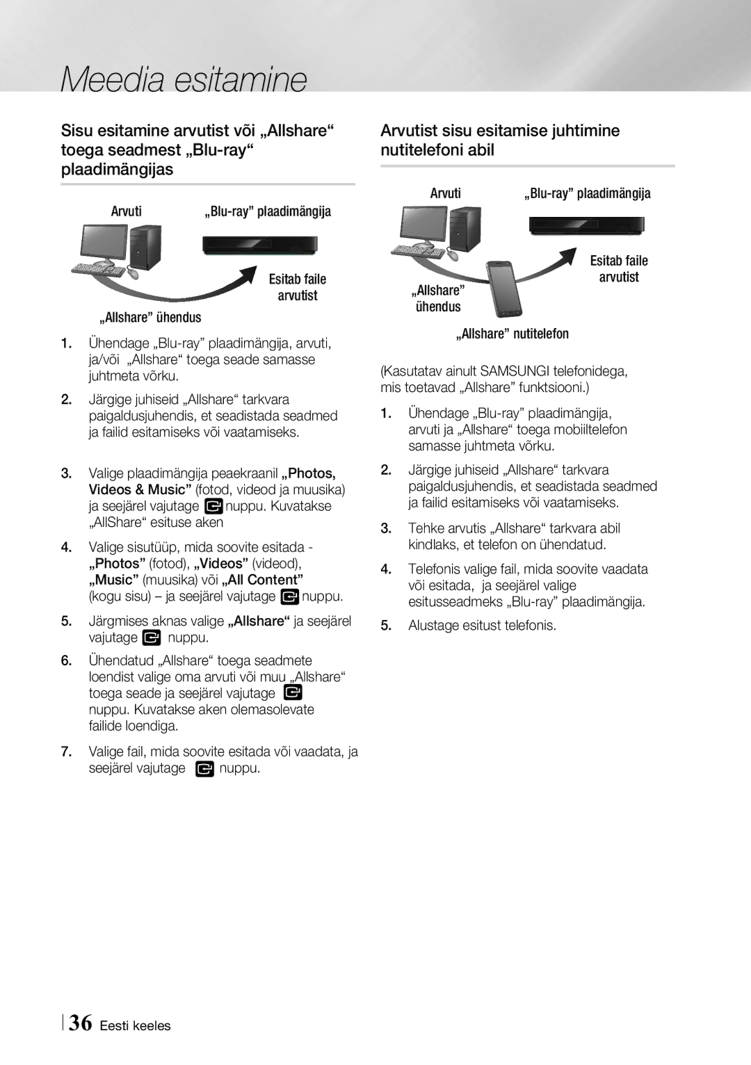 Samsung BD-F6500/EN manual Arvutist sisu esitamise juhtimine nutitelefoni abil, Alustage esitust telefonis 