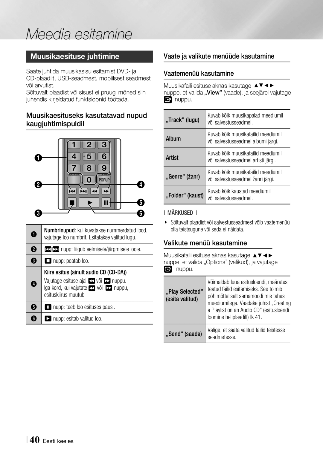 Samsung BD-F6500/EN Muusikaesituse juhtimine, Muusikaesituseks kasutatavad nupud kaugjuhtimispuldil, Vaatemenüü kasutamine 