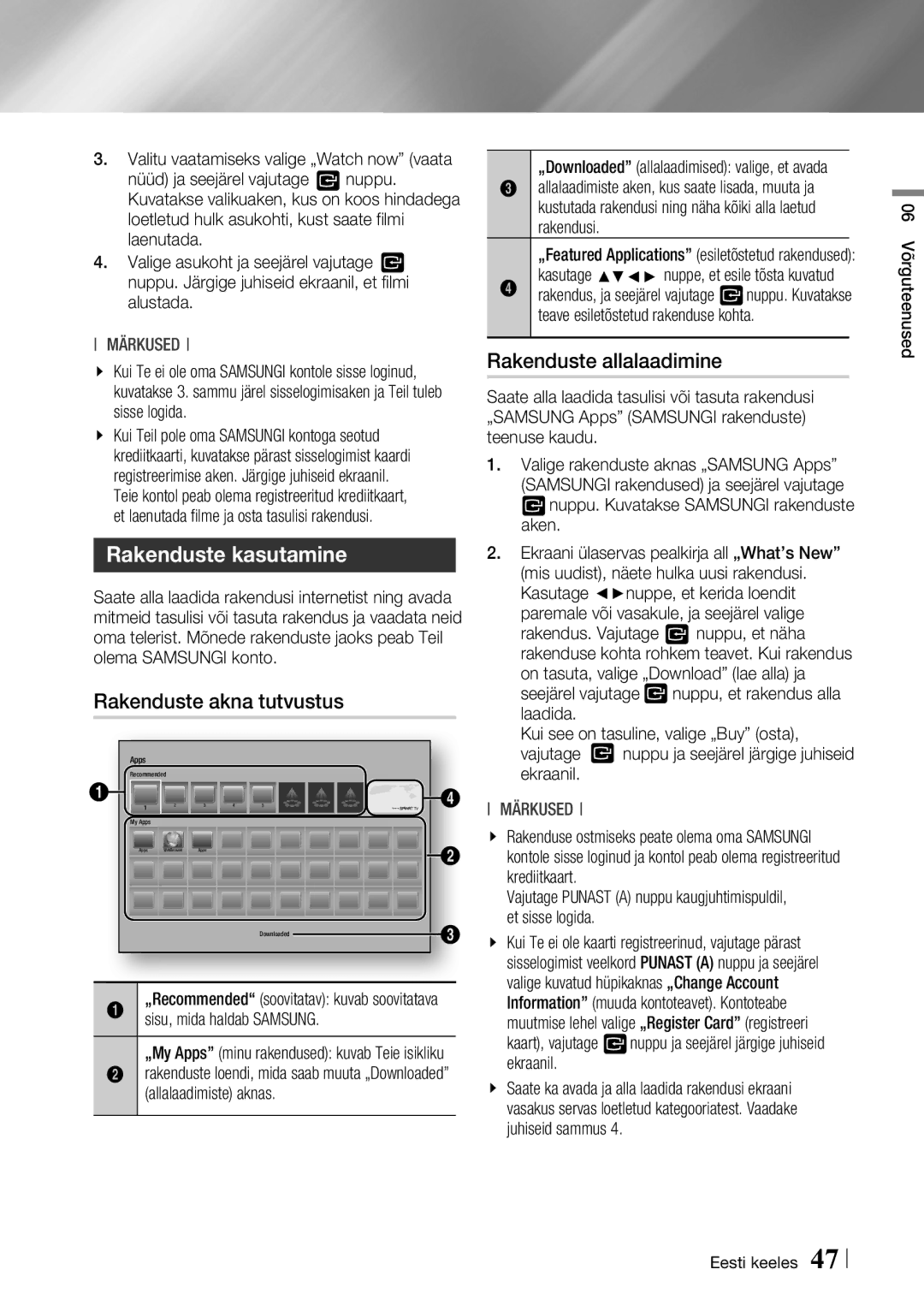 Samsung BD-F6500/EN manual Rakenduste kasutamine, Rakenduste akna tutvustus, Rakenduste allalaadimine 