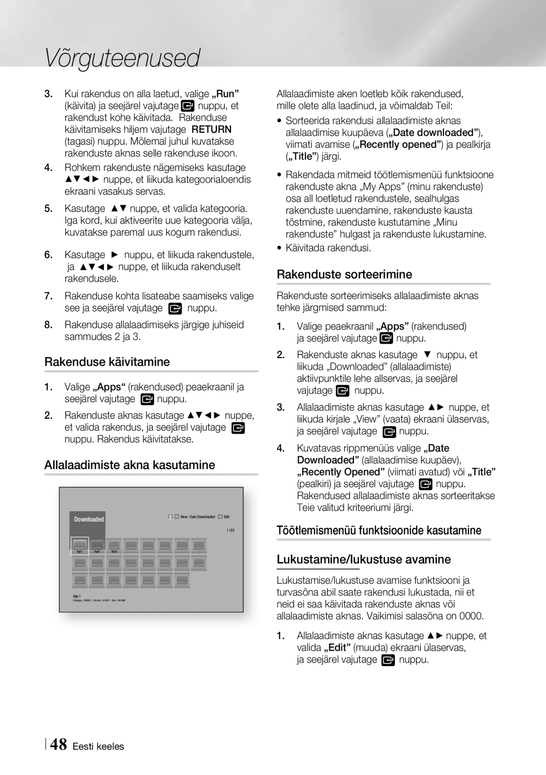 Samsung BD-F6500/EN manual Rakenduse käivitamine, Allalaadimiste akna kasutamine, Rakenduste sorteerimine 