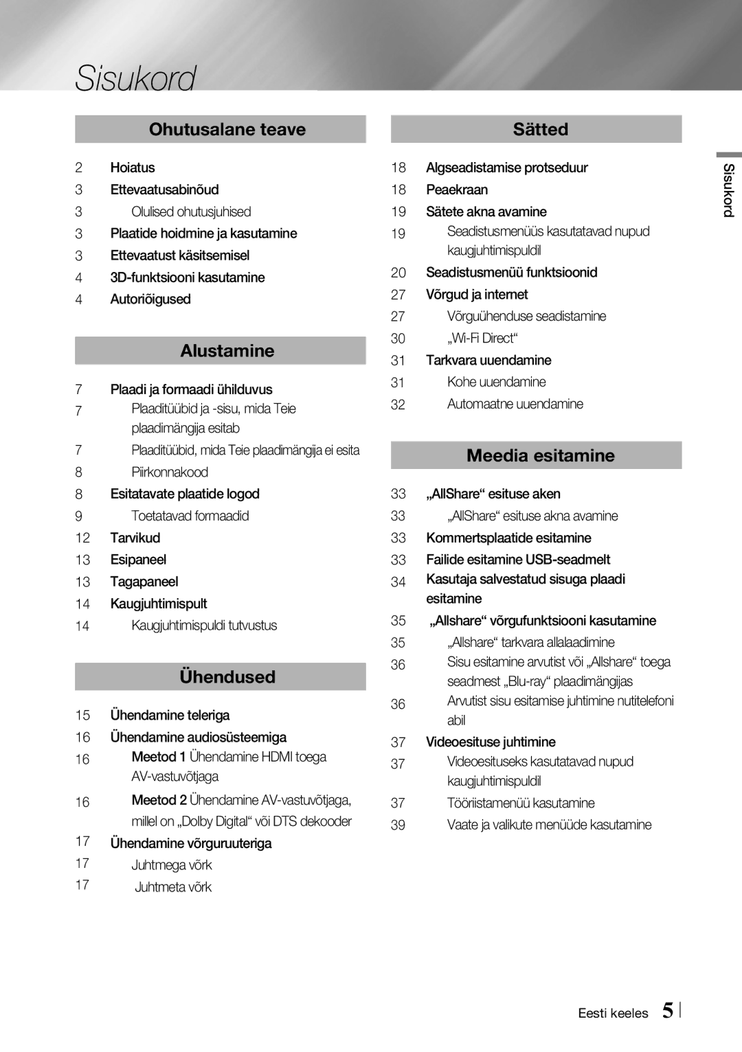 Samsung BD-F6500/EN manual Sisukord, 17 Ühendamine võrguruuteriga Juhtmega võrk Juhtmeta võrk 