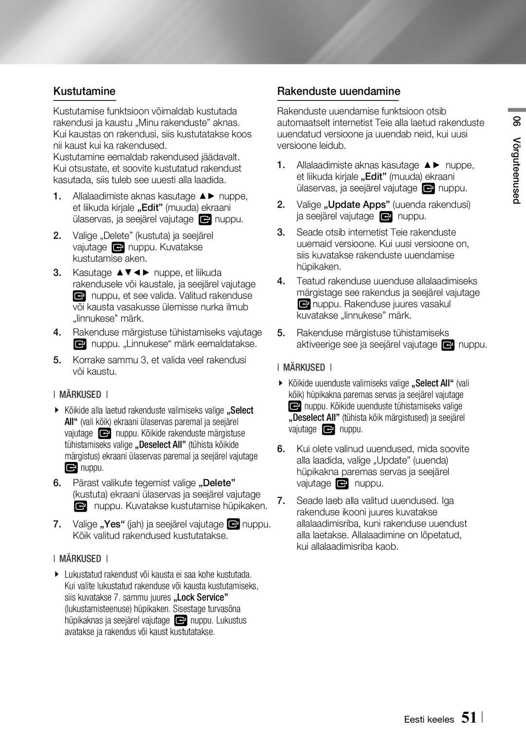 Samsung BD-F6500/EN manual Kustutamine Rakenduste uuendamine, Korrake sammu 3, et valida veel rakendusi või kaustu 