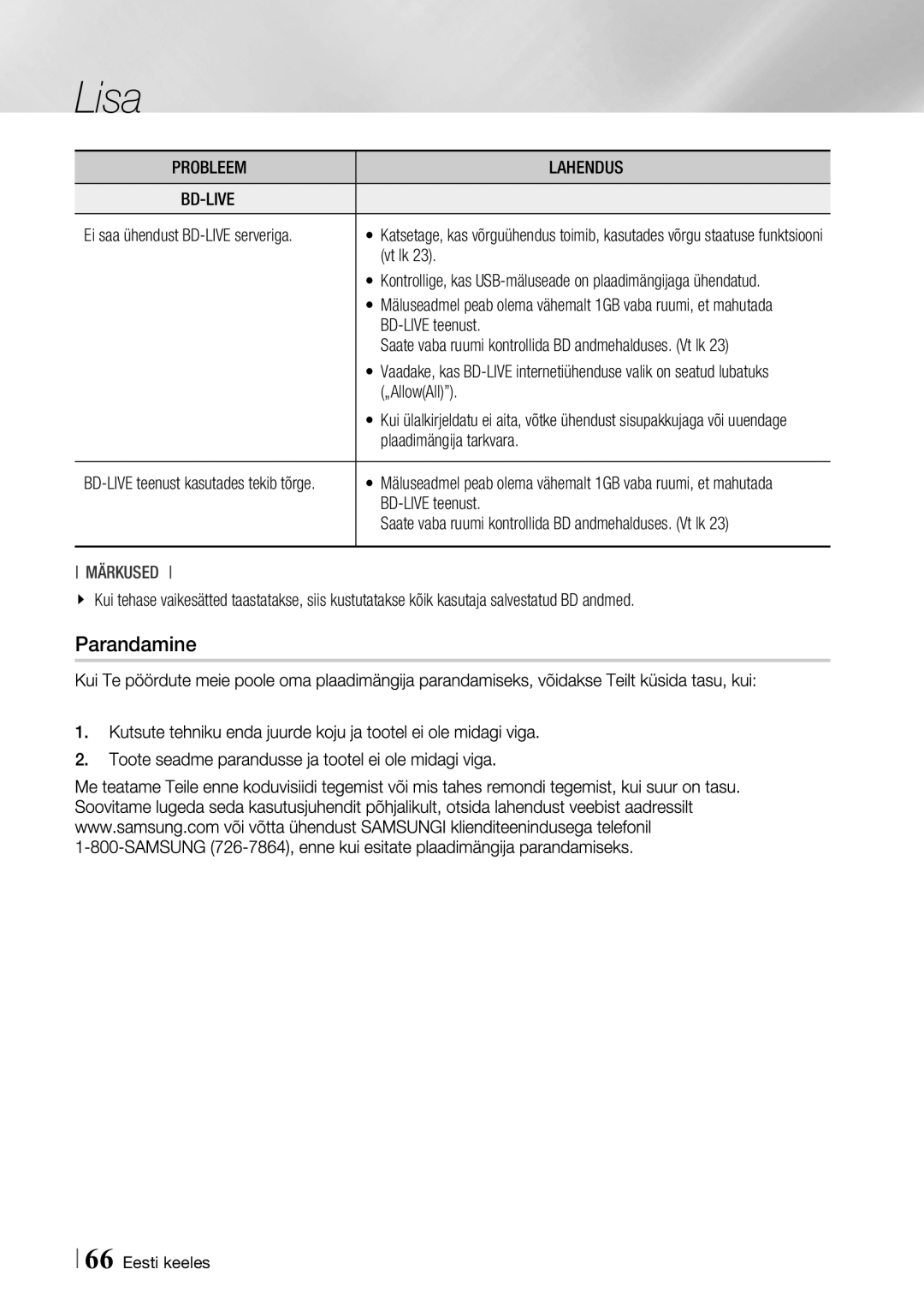 Samsung BD-F6500/EN manual Parandamine, Vt lk, BD-LIVE teenust, „AllowAll, Plaadimängija tarkvara 