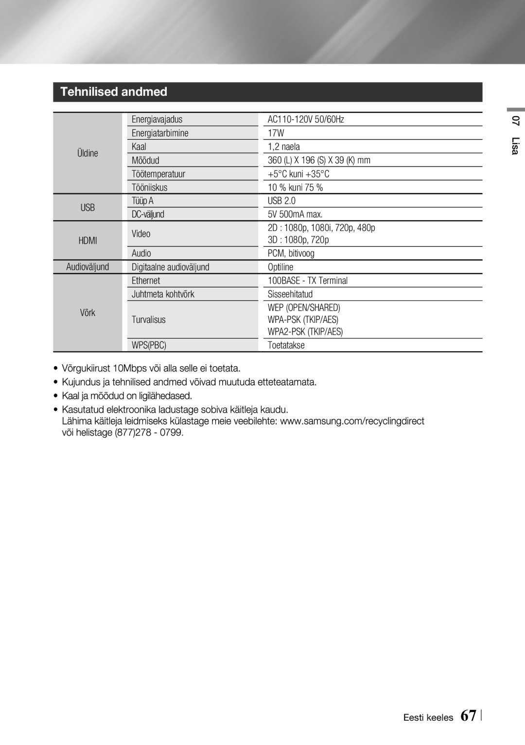 Samsung BD-F6500/EN manual Tehnilised andmed, Wep Open/Shared, Wpa-Psk Tkip/Aes, WPA2-PSK TKIP/AES 