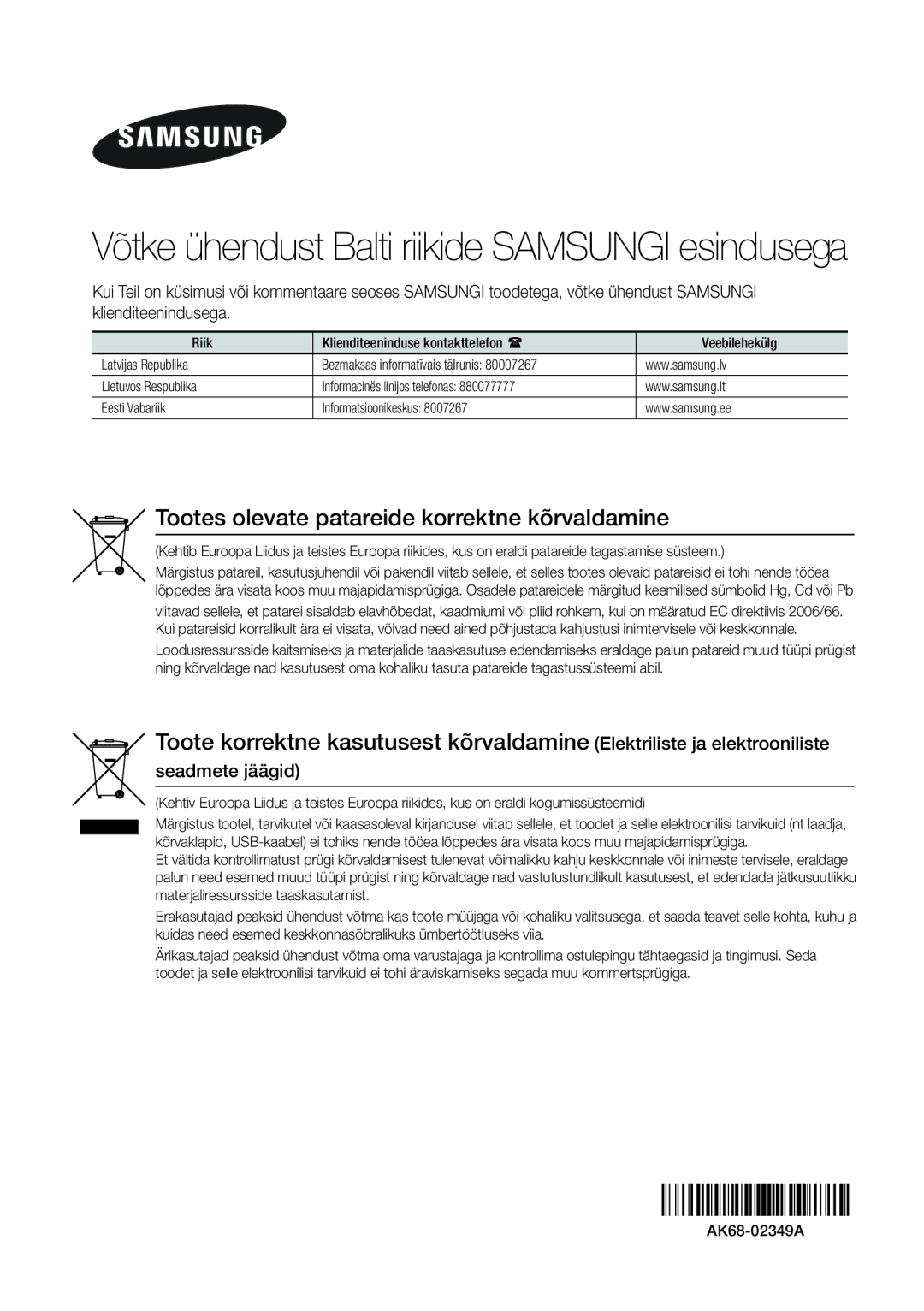 Samsung BD-F6500/EN manual Seadmete jäägid, AK68-02349A 